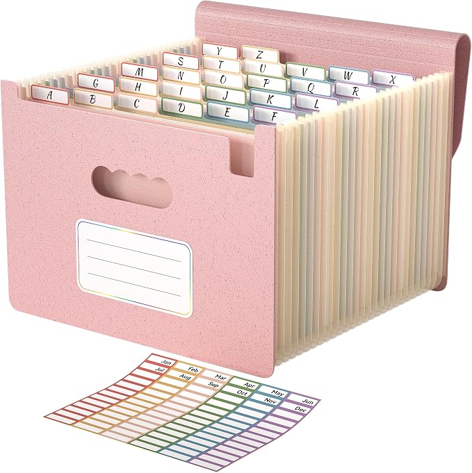 ABC life 26 Pockets Accordion File Organizer, Blush Pink | Expanding File Folder for Letter/A4 Size, Portable Document Holder with A-Z Tabs for Tax Receipt, School, Home, Office by ABClife
