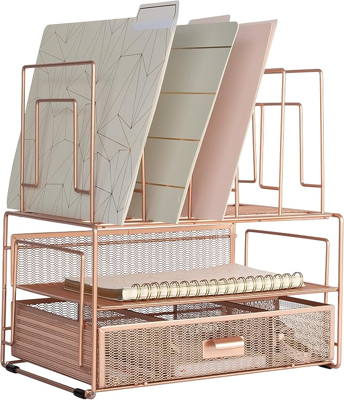 BLU MONACO | Rose Gold Desk Organizer with Drawer | Metal Desk Organizer with File Sorters and Storage Compartments | Office Desk Organizer for Paper Folders and Supplies by Blu_Monaco