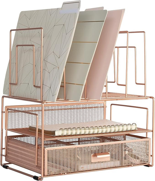 BLU MONACO | Rose Gold Desk Organizer with Drawer | Metal Desk Organizer with File Sorters and Storage Compartments | Office Desk Organizer for Paper Folders and Supplies by Blu_Monaco