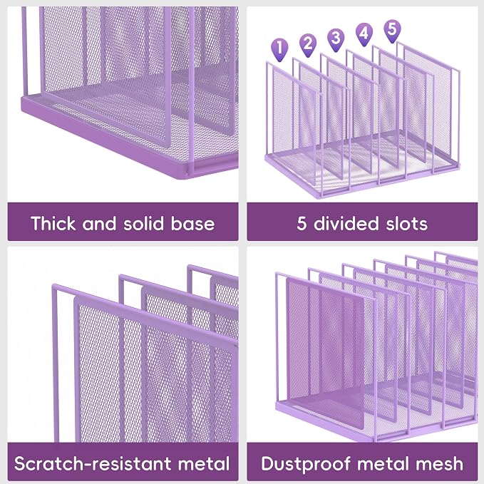 File Organizer for Desk, 5-Section Vertical File Sorter, Paper Holder Organizer Standing Metal File Folder for Office Home Classroom, Purple - Image 5