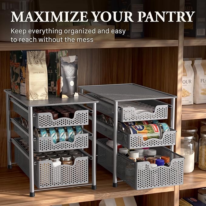 Simple Houseware Stackable 3 Tier Sliding Basket Organizer Drawer, Silver - Image 7