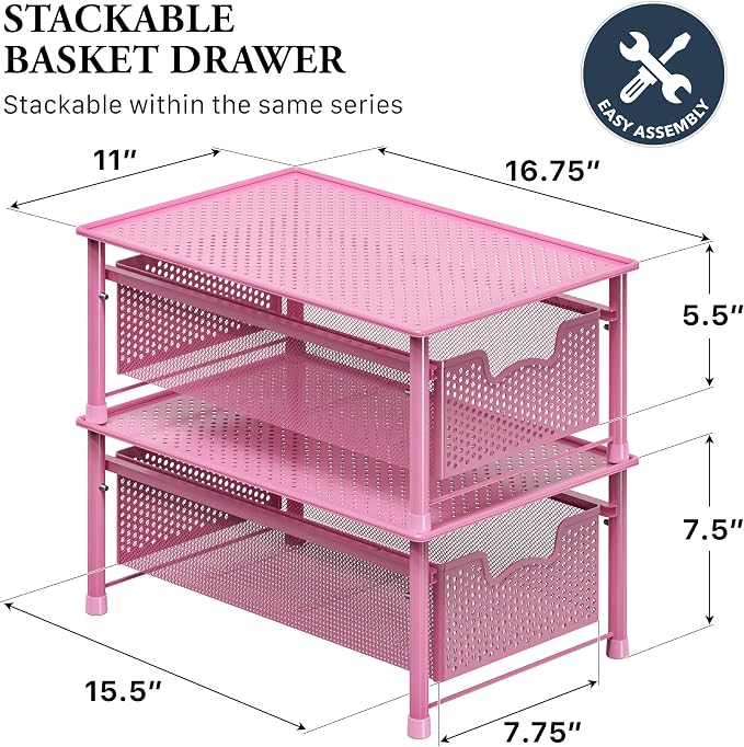 Simple Houseware Stackable Cabinet Basket Drawer Organizer, Pink - Image 2