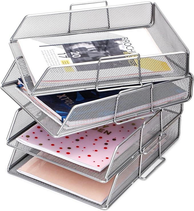 EXERZ Paper Sorter 4pcs Tier Stackable A4 Desk Organiser Letter Tray Silver | Durable Metal Mesh Holds Papers Files Folders Notebooks And Magazines For Office Home Study Classroom Desks - Image 4