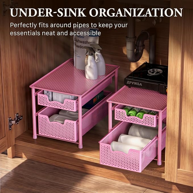 Simple Houseware Stackable 2 Tier Sliding Basket Organizer Drawer, Pink - Image 6