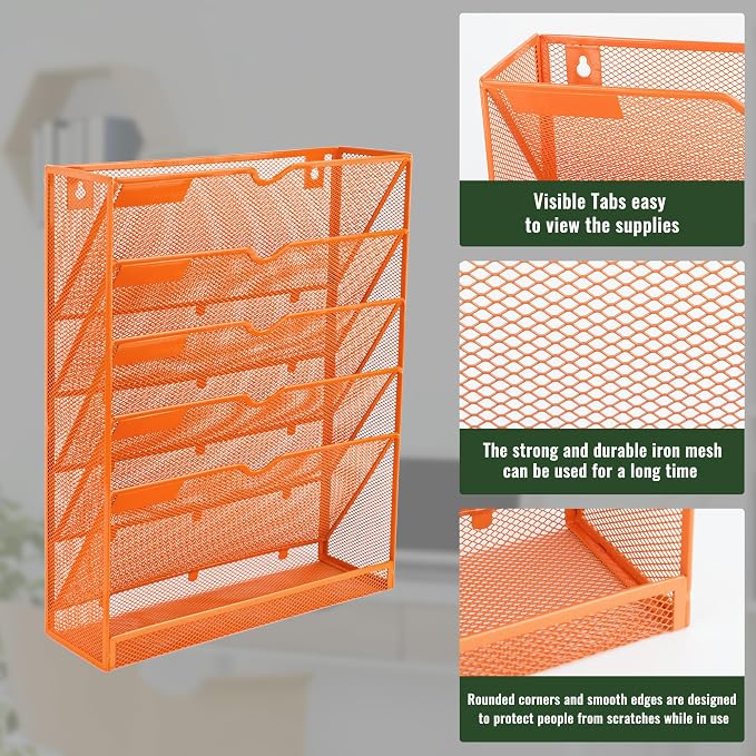 6 Tier Mesh Hanging Wall File Organizer, Desk Vertical Mail Paper Document Folder Holder Rack with Bottom Tray and Nametag Label for Office Home School, Orange - Image 4