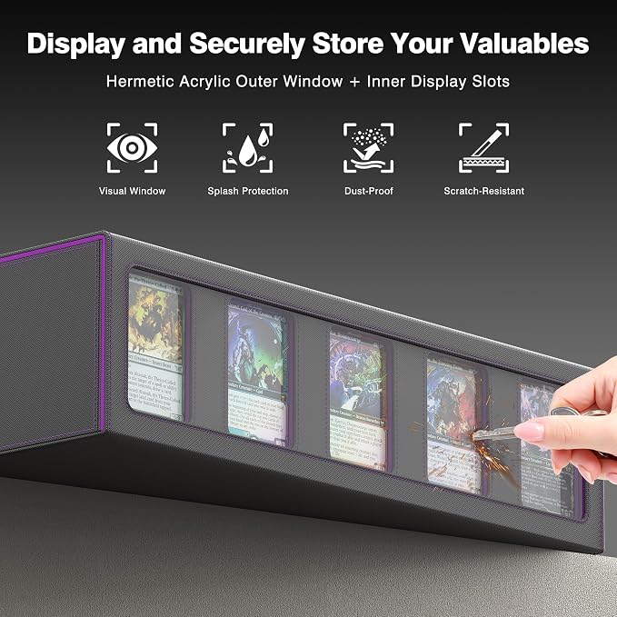 Kabinka Trading Card Storage Box with Handle & Mechanical Latch,5-Row 3900+ Commander MTG Card Case with Sealed Window,Top Loaders Organizer Deck Box for MTG/TCG/PTCG/Sports Cards (Black Purple) - Image 6