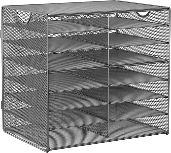 EasyPAG Paper Trays for Classroom 14 Tier Mesh Desk Organizer Shelves with Handle A4/Letter Size File Folder Organizer Shelf for Office, School, Home, Silver - Image 2