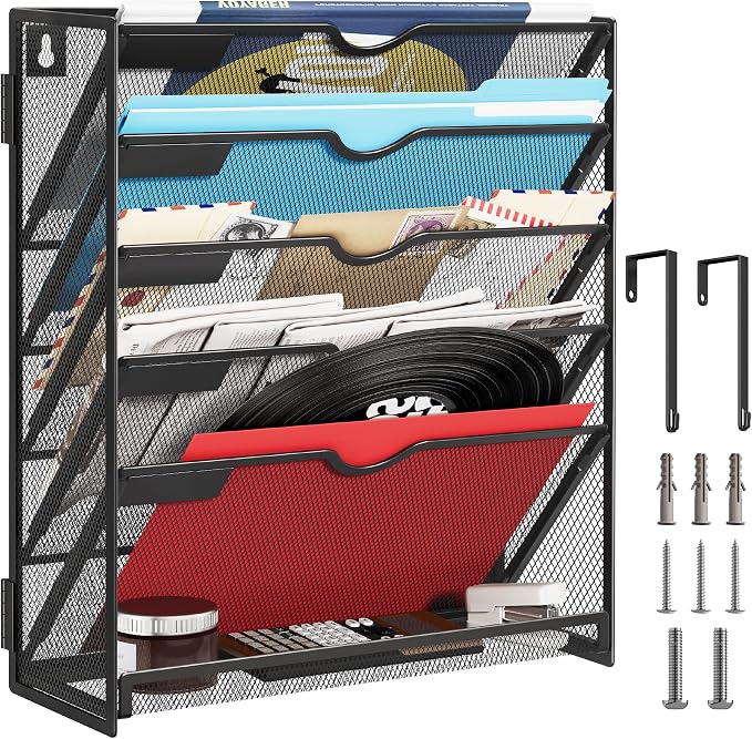 Lavatino 6-Tier Hanging File Organizer, Wall Mount File Holder for Mails Folders Papers Magazine Organization, Vertical Document Organizer for Office Home - Black by Lavatino