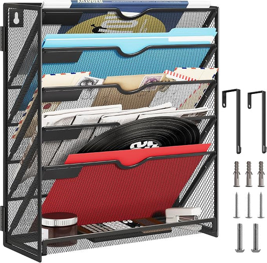 Lavatino 6-Tier Hanging File Organizer, Wall Mount File Holder for Mails Folders Papers Magazine Organization, Vertical Document Organizer for Office Home - Black by Lavatino