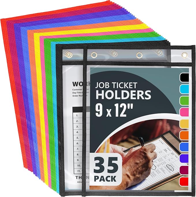35 Pack Job Ticket Holders 9x12 inch - Colored Work Order Plastic Sleeves - Shop Ticket Holders - Reusable Dry Erase Pocket Sleeves - Sheet Protectors Heavy Duty - Clear Paper Sleeves Protector by Juzari