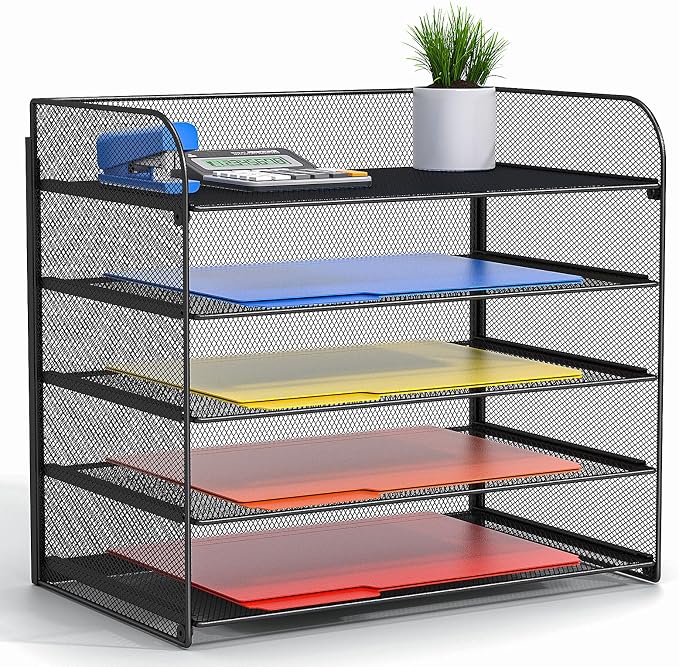 Legal/A4 5 Tier Paper Organizer,Paper Tray Holder for Desk,Letter Size File Holder/Sorter,File Folders Shelf Organizer for Office,School,Home,Solid Steel,Mesh,Sturdy,Leakproof,Large Capacity by TOPCJ
