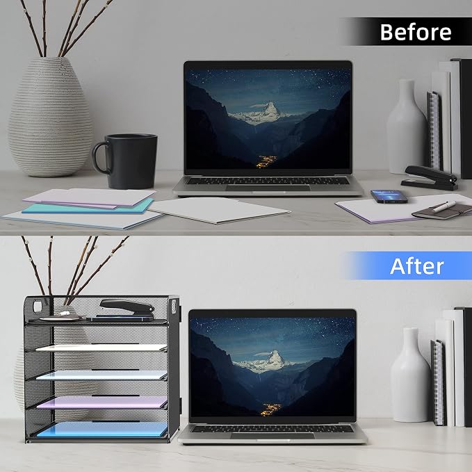 2 Pack 5-Tier Desk Organizer with Handle Mesh Desk File/Paper Organizer Letter Tray for Office, School, Classroom and Home Easy Installation, Black - Image 4