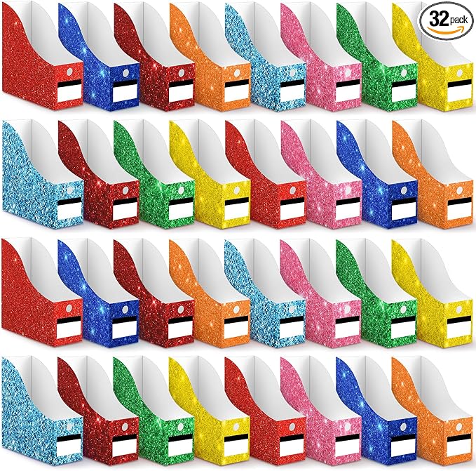 32 Pcs Magazine File Holder Set Including Colored Foldable Desk File Holder Organizer White Label Stickers Cat Pen Cardboard Magazine Storage Box for Document School Office (Solid,Glitter) by Jutom