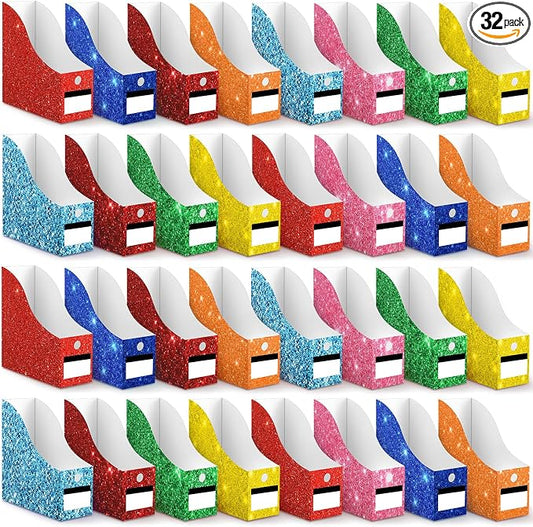 32 Pcs Magazine File Holder Set Including Colored Foldable Desk File Holder Organizer White Label Stickers Cat Pen Cardboard Magazine Storage Box for Document School Office (Solid,Glitter) by Jutom