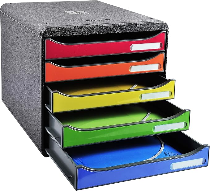 Exacompta - Ref 3097298D - BIG-BOX PLUS Desktop Drawer Set - 5 x 43mm Drawers, Suitable for A4+ Documents, 347 x 278 x 271mm, 100% Recycled Plastic - Black/Glossy Harlequin - Image 12
