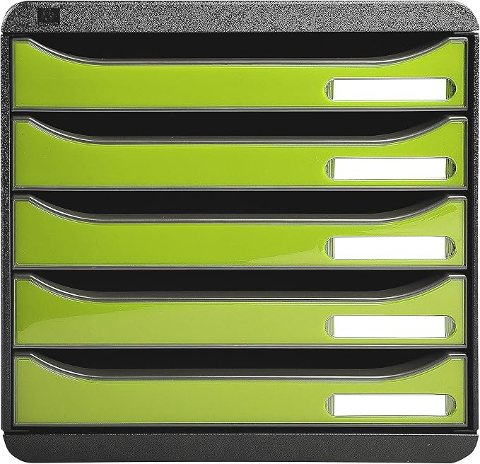 Exacompta - Ref 3097225D - Big-Box Plus Desktop Drawer Set - 5 x 43mm Drawers, Suitable for A4+ Documents, 347 x 278 x 271mm, 100% Recycled Plastic - Black/Glossy Anise Green by +Office+Supplies