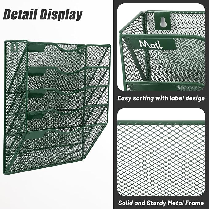 5 Pocket Mesh Hanging File Organizer, Wall Mounted Mail Paper Document Folder Holder, Clipboard Storage Organization Magazine Rack with Nametag Label for Office Home School, Dark Green - Image 3