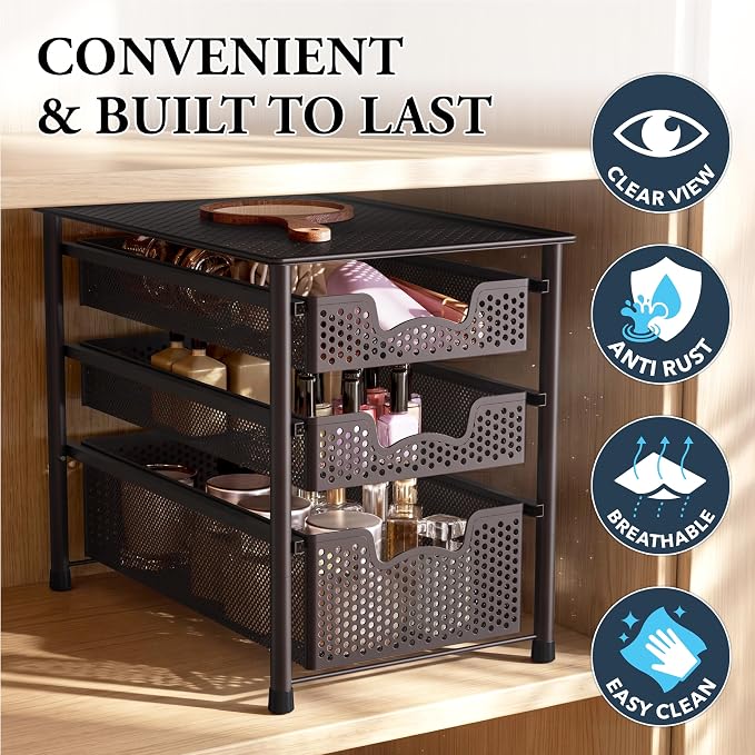Simple Houseware Stackable 3 Tier Sliding Basket Organizer Drawer, Bronze - Image 5