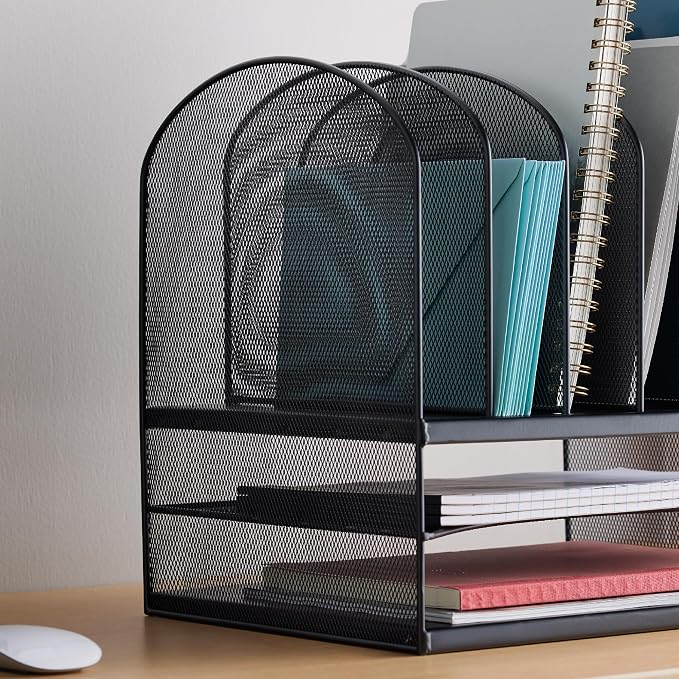 Safco Onyx Desk Organizer, 6 Vertical Compartments and 2 Trays, Office and Classroom Mailbox , Paper and Mail Sorter, Steel Mesh, Black - Image 8