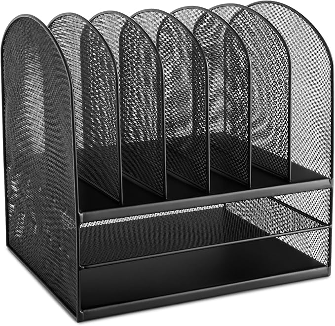 Safco Onyx Desk Organizer, 6 Vertical Compartments and 2 Trays, Office and Classroom Mailbox , Paper and Mail Sorter, Steel Mesh, Black by SafcoProducts