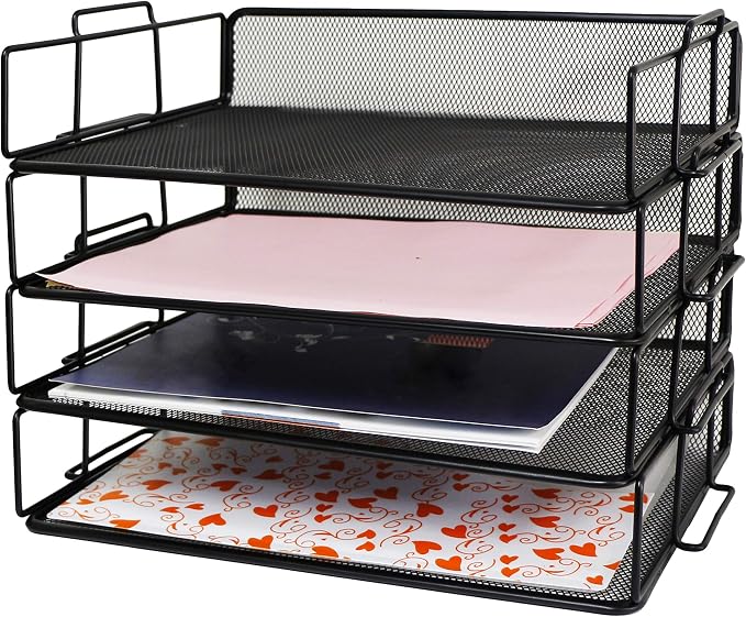 Exerz Letter Trays 4pcs Black Paper Sorters Stackable, 4 Tiers File Trays, Desk Organizer - Metal | 4 Tier Metal Mesh Stackable Saves Desk Space Holds A4 Papers Folders Notebooks Magazines For Office Home School by Exerz