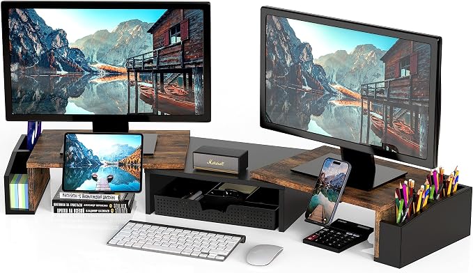Simple Houseware Desk Dual Monitor Stand Riser with Drawer, Rustic Brown | Customizable Organizer Tray, Built-In Phone & Tablet Slot and Side Storage by SimpleHouseware