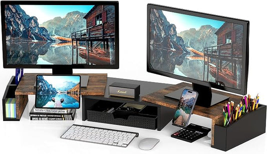 Simple Houseware Desk Dual Monitor Stand Riser with Drawer, Rustic Brown | Customizable Organizer Tray, Built-In Phone & Tablet Slot and Side Storage by SimpleHouseware