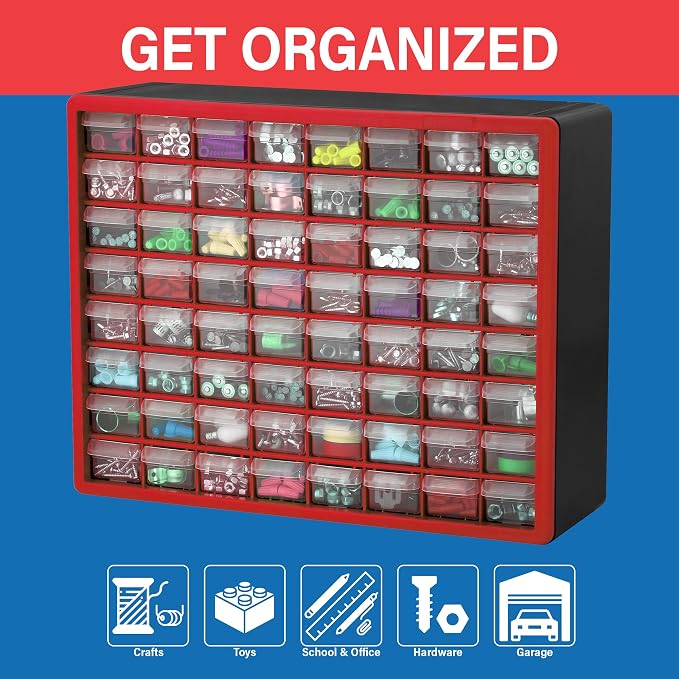 Akro-Mils 64-Drawer Plastic Storage Cabinet, 20" W x 6" D x 16" H, Red | Plastic Cabinet w/ Drawers for Garage Organization, Beads, Building Bricks Storage, Teacher Toolbox, Makeup Organizer, 10164 - Image 4