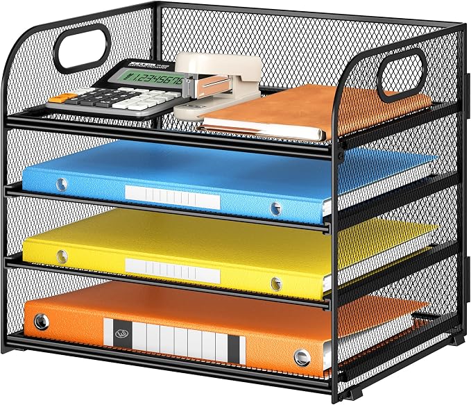 Lavatino Paper Organizer for Desk, 4-Tier Desk Organizer Tray, Mesh Desktop File Organizers with Handle, Office Classroom Organization and Storage-Black by Lavatino