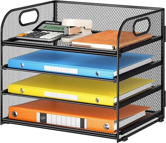 Lavatino Paper Organizer for Desk, 4-Tier Desk Organizer Tray, Mesh Desktop File Organizers with Handle, Office Classroom Organization and Storage-Black by Lavatino