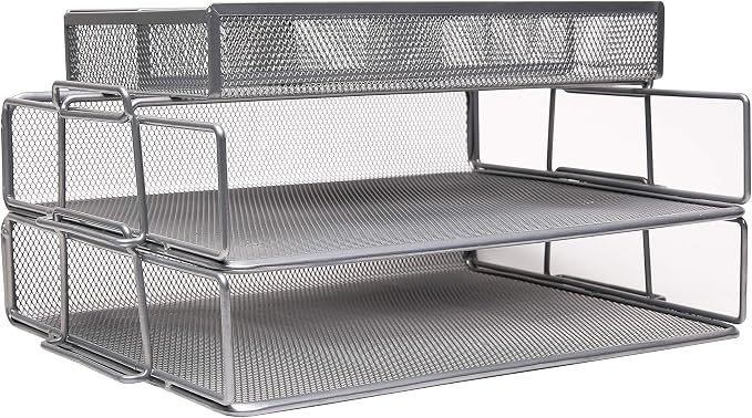 Exerz Layer of 2 Wired Mesh Paper Sorter Plus an Accessory Tray/Desk Organiser/Detachable File Holder, with Extra Divider/Memo Holder On Top – Office, School, Study Multifunctional Essential. | Two Tier A4 File Storage With Divided Accessory Sections F... - Image 6