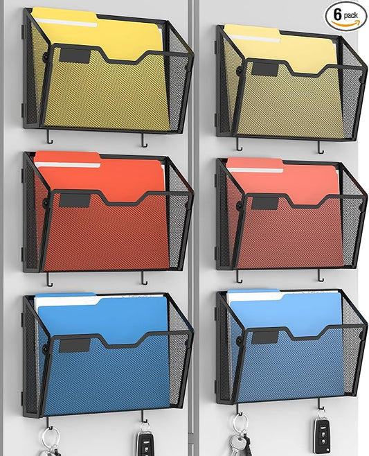 Docnest 6 Pack Dual-Mount Magnetic Mesh File Holders, Wall Organizer | Mount magnets or screws. 2-in-1 hanging mesh mail letter organizer with hooks for office and home clutter by DocNest