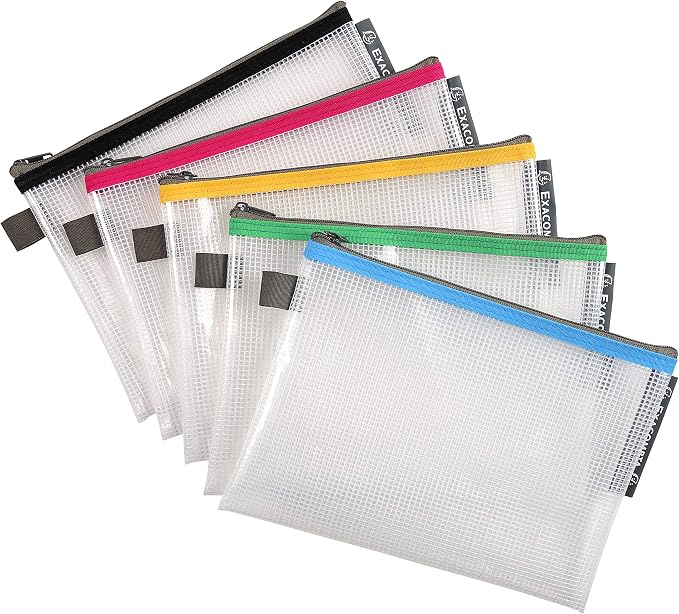 Exacompta Zipped Transparent Mesh Pockets, A5 - Assorted Colours, Pack of 10 by +Office+Supplies