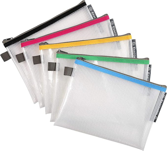 Exacompta Zipped Transparent Mesh Pockets, A5 - Assorted Colours, Pack of 10 by +Office+Supplies