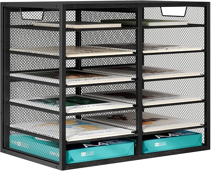 TQVAI 12 Compartments Desktop Literature Organizer, Metal Frame Paper Sorter with Handles, Adjustable Mailbox for Classroom and Office, Desk File Organizer for Document, Bill, Magazine, Black by TQVAI