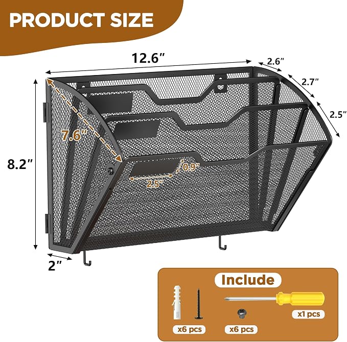 Docnest 3 Pack 3 Tier Mesh Wall File Holders with Hooks for Mail, Black | Space-saving vertical design with utility hooks. Ideal paper document organizer for office, home, and school - Image 2