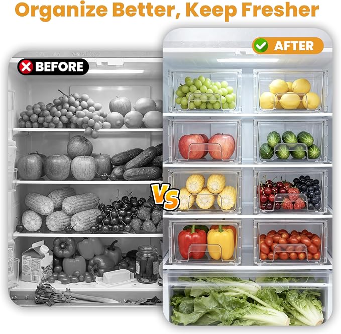 2 Pack Stackable Storage Drawers,Plastic Organizers Bins, Drawers Storage with Handles and Movable Dividers for Organization and Storage in Fridge,Bathroom, Pantry, Kitchen Cabinets, Under Sink - Image 4