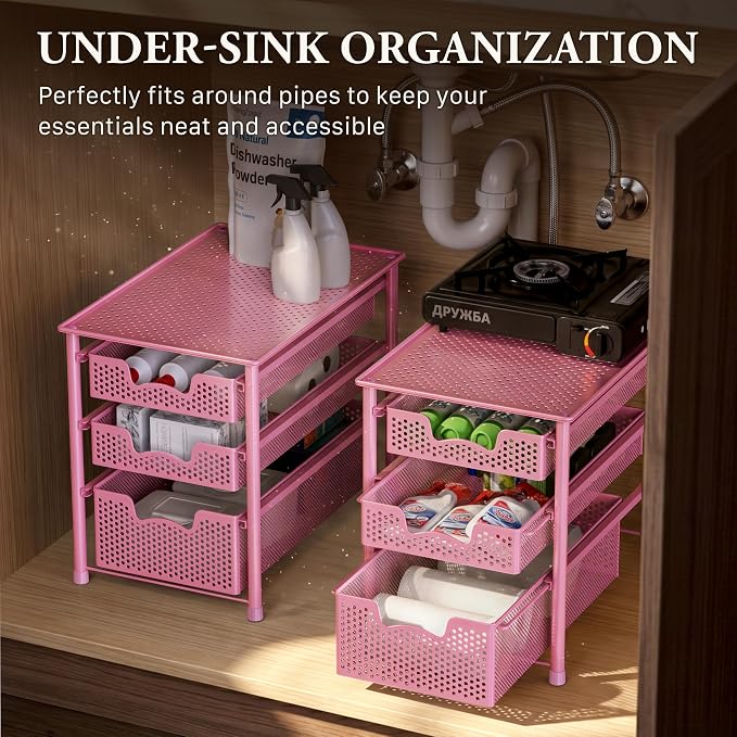 Simple Houseware Stackable 3 Tier Sliding Basket Organizer Drawer, Pink - Image 6