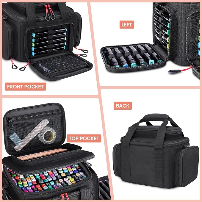 Large Marker Organizer Case for 200-300 Markers, Art Marker Storage Bag with Removable Dividers & 4 Pockets for Paint Markers, Shoulder Strap, Pencil Alcohol Marker Holder - Image 4