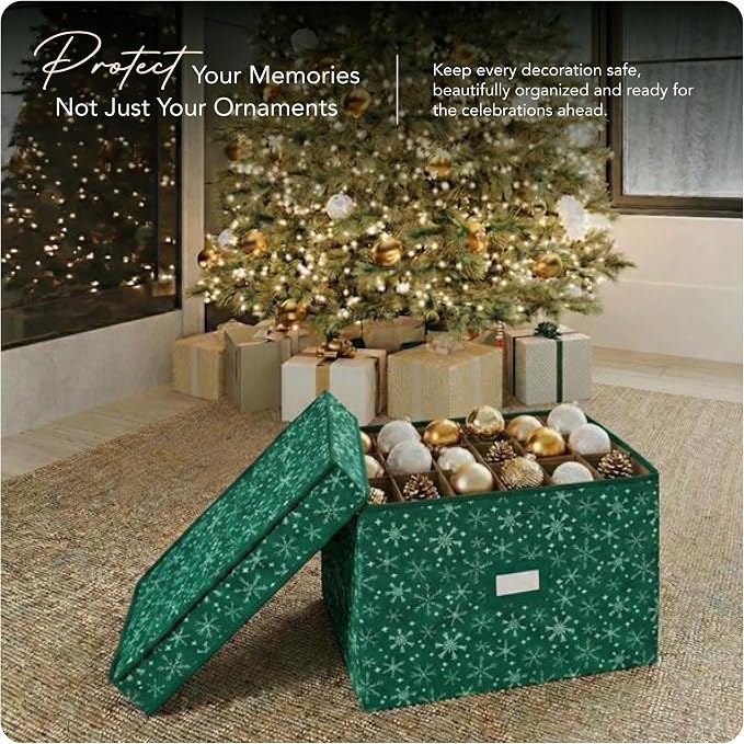 Covermates Keepsakes Adjustable Ornament Storage Box – Heavy-Duty Polyester, Padded Dividers & FlexGrid Trays – Protective Holiday Organizer with Stackable Walls & Label Window, Green Snowflake - Image 2