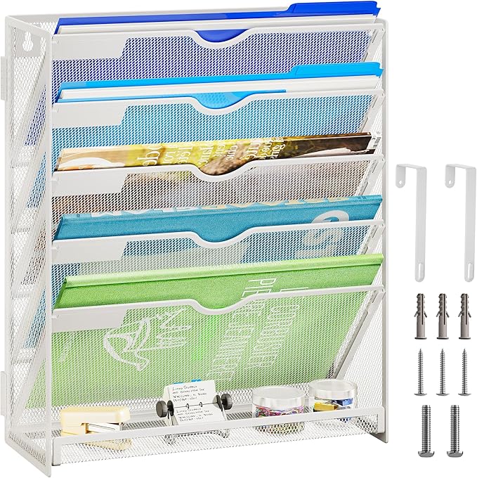 Lavatino 6-Tier Hanging File Organizer, Wall Mount File Holder for Mails Folders Papers Magazine Organization, Vertical Document Organizer for Office Home - (White) by Lavatino