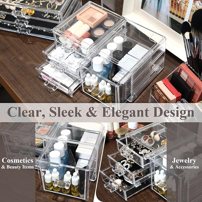 Sea Team Stackable Clear Acrylic Makeup Organizer with Drawers for Vanity | Cosmetic Display Case, Jewelry Storage Box with 1 Large and 3 Small Drawers, Ideal for Dresser, Bathroom, Countertop - Image 4
