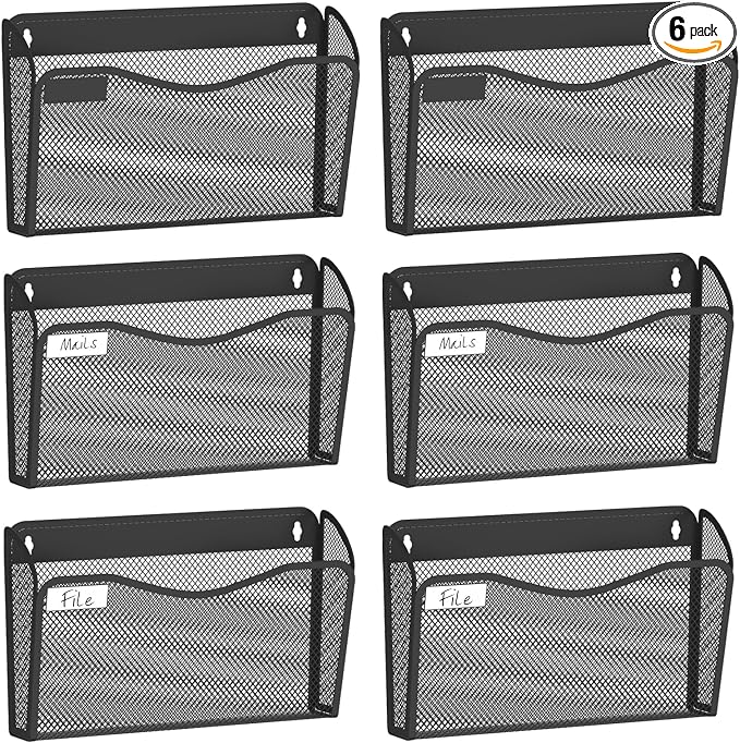 BOHDK Wall File Organizer, 6 Single Pockets Mesh Hanging File Organizer, Mount Document Magazine Rack with Labels, Hanging File Folders for Office, Home and School, Black by BOHDK