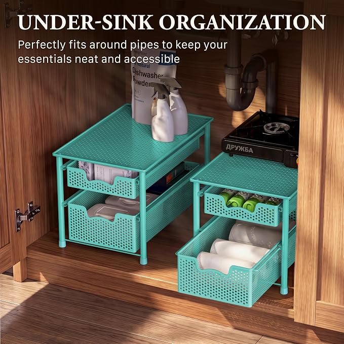 Simple Houseware Stackable 2 Tier Sliding Basket Drawer, Turquoise - Image 6