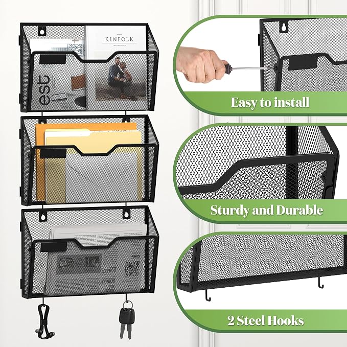 YINGHUA 3 Pack Wall Mounted Mesh File Folder Organizer with Hooks, Black | 12.6" durable metal hanging baskets. Perfect vertical storage for mail, magazines and papers in office, home or school. - Image 4