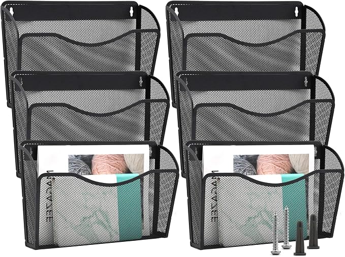 6 Single Pocket Mesh Hanging File Organizer, Vertical Wall Mounted Magazine File Holder, Mount Basket Mail Paper Document Folder Organizing for Office, Home and School, Black by EASEPRES
