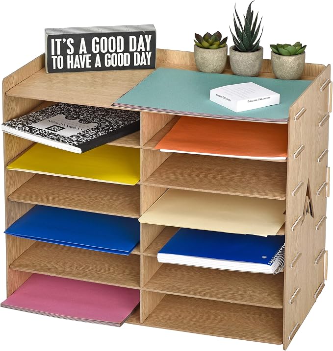 Adir Wood Paper Storage Organizer - Construction Paper Storage - Vertical File Mail Sorter - A Stylish Look for Home, Office, Classroom and More - Wood Grain (12 Compartment) - Image 3
