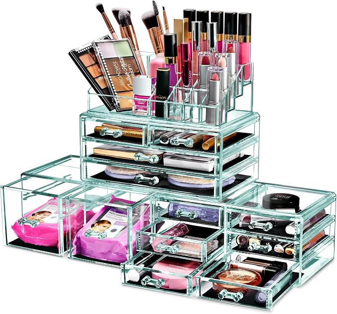 Sorbus Large Makeup Organizer - Clear Stackable Jewelry & Makeup Organizer For Vanity, Bathroom Storage, Dresser - 12 Drawers Cosmetic Beauty Organizers and Storage with Lipstick, Makeup Brush Holder by Sorbus