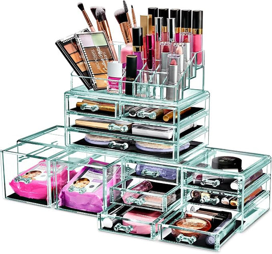 Sorbus Large Makeup Organizer - Clear Stackable Jewelry & Makeup Organizer For Vanity, Bathroom Storage, Dresser - 12 Drawers Cosmetic Beauty Organizers and Storage with Lipstick, Makeup Brush Holder by Sorbus
