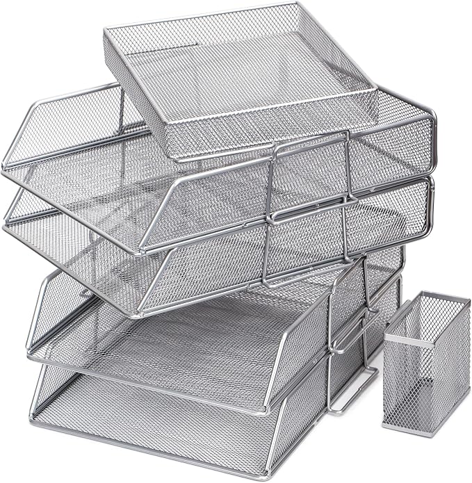 EXERZ Paper Trays Stackable 6pcs including 4 x Sorters, 1 x Top Tray,1 x Side Basket - Metal Desk Organiser/File Holder - Office, School - Image 8